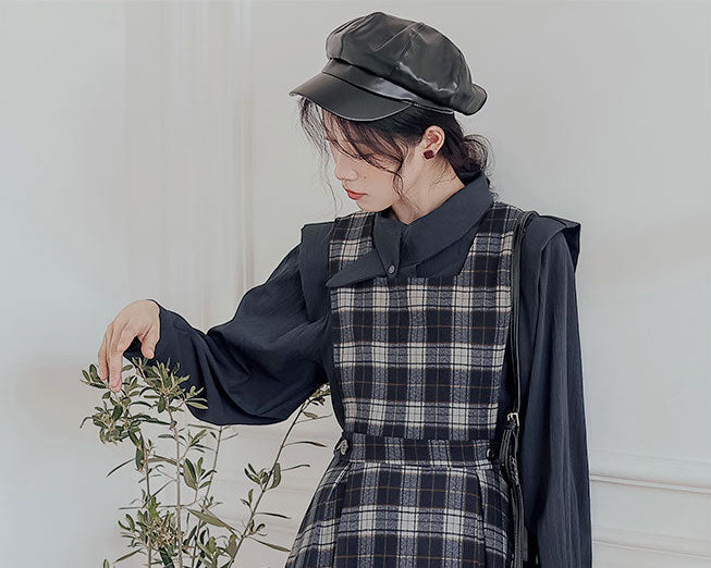 Crepe Plaid Pinafore Dress Set Maxct