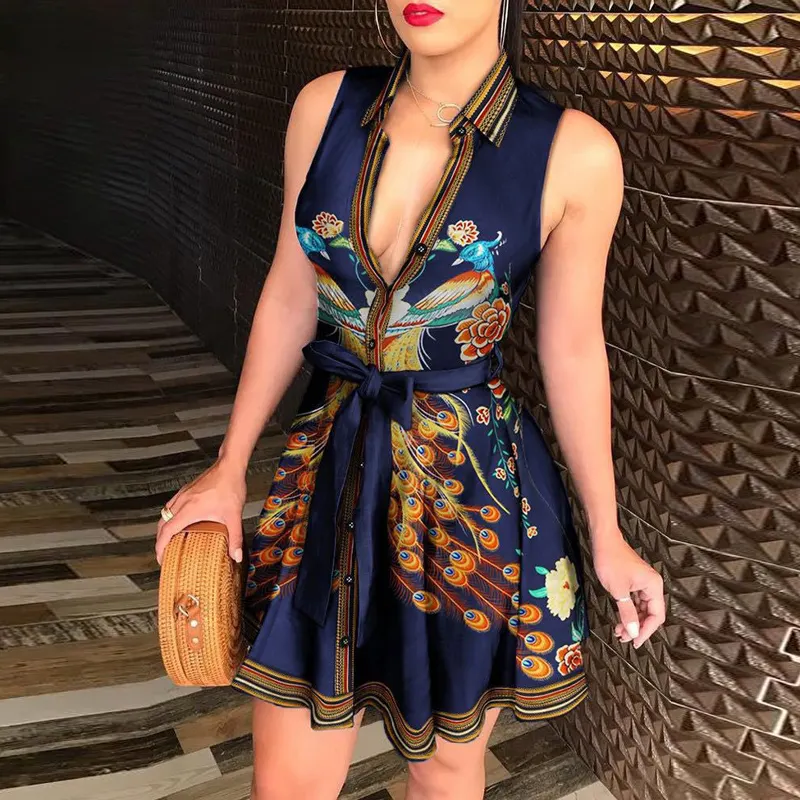 Women's Printed Long Sleeve Dress Casual Bandage Mini A-line Dresses Sexy Party Summer Feminias Vestidos Women Clothes