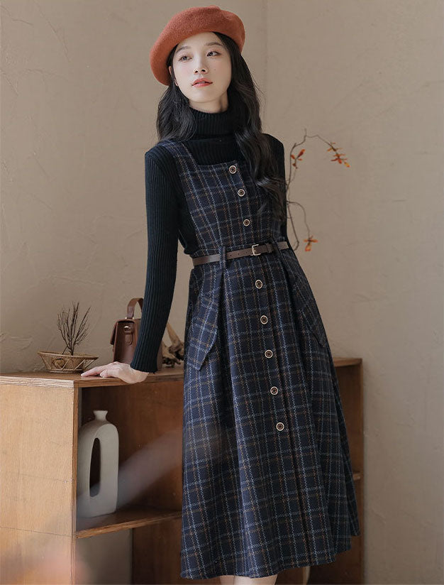 Button Up Plaid Pinafore Dress Maxct