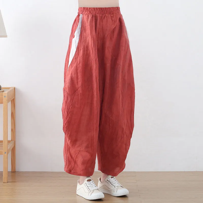 Women Loose Crinkled Color Block Linen Pants