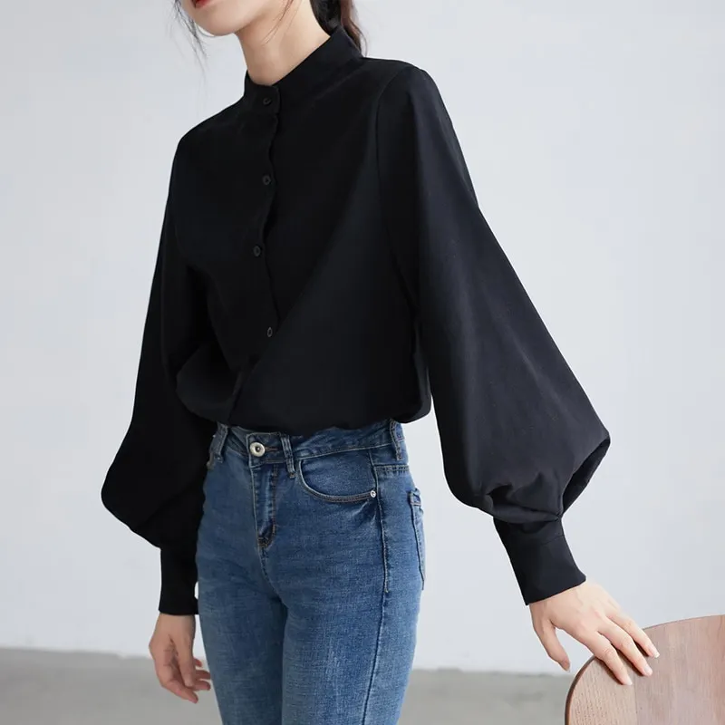 Maxct Lantern Sleeve Blouse Women Spring Fashion Single Breasted Stand Collar Shirts Female Office Work Blouse Solid White Tops