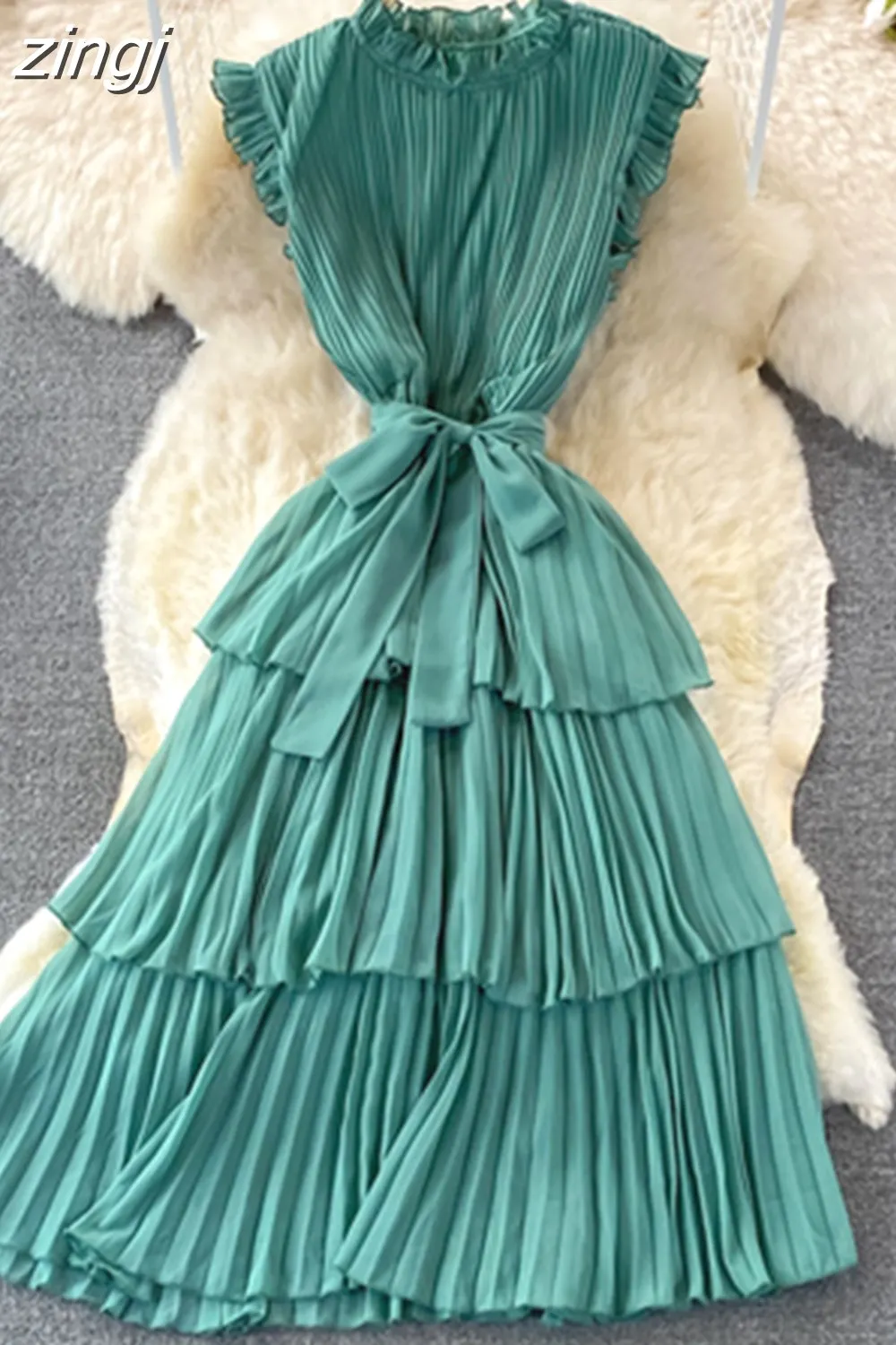 Maxct Women Purple/Pink/Green Draped Dress Vintage Ruffle Stand Collar Sleeveless High Waist Party Pleated Vestidos Female New
