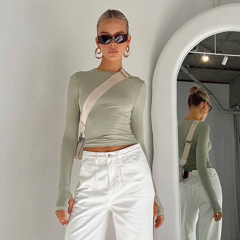 Female Korean Fashion Crop Tops Women Long Sleeve T-Shirts Solid Color O Neck Slim Fit Casual Basic Tees Going Out Outfits