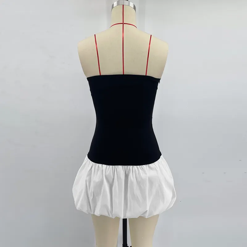 Contrast Color Mini Folds Dress For Strapless Slim Sleeveless Ruched Splice Y2K Beach FeClub Party Dress