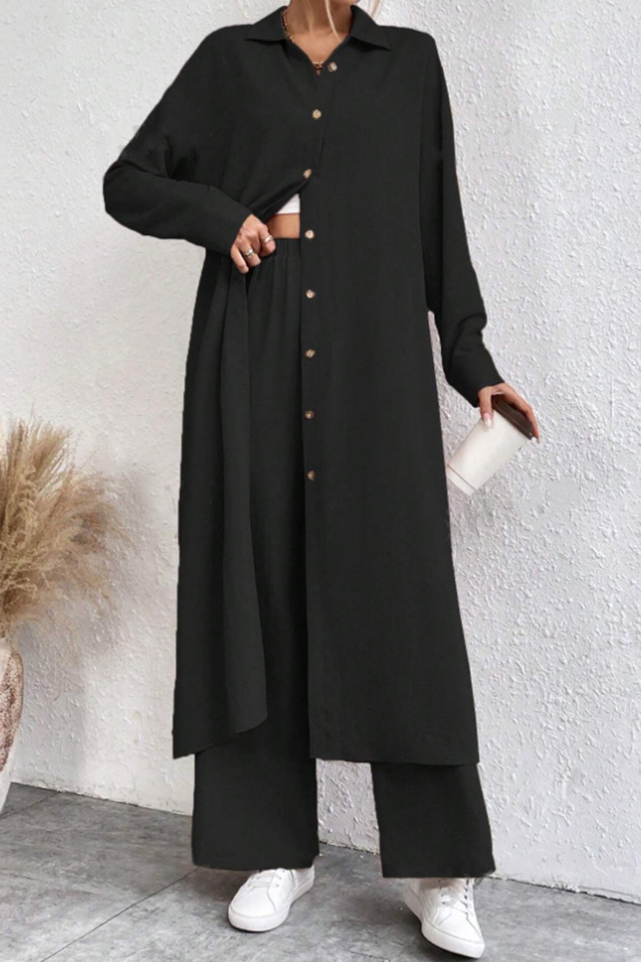 Maxct Solid Long Shirt Wide Leg Pants Set