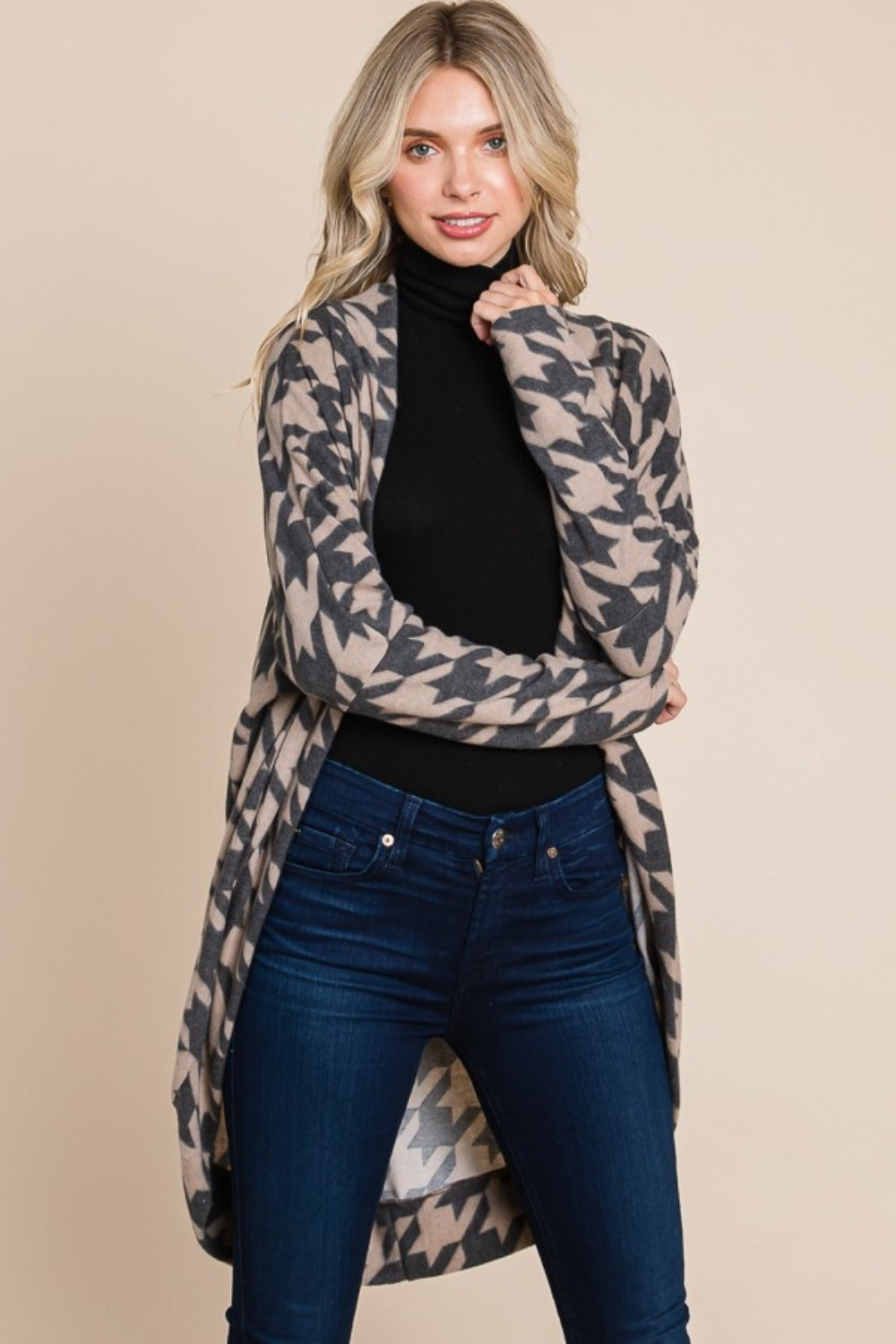 Maxct &BOMBOM Houndstooth Open Front Cocoon Knit Cardigan