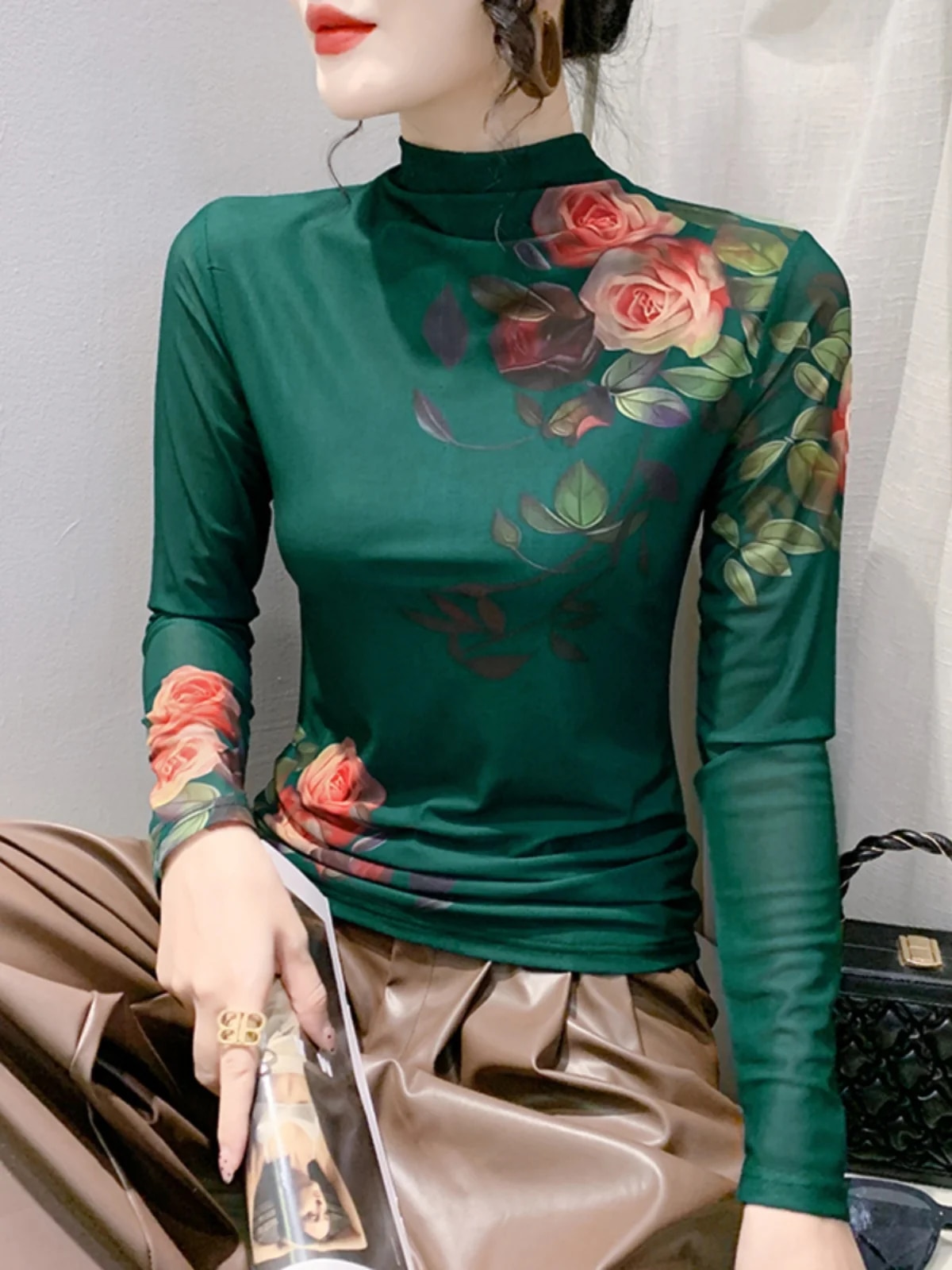 Maxct New High Neck Long Sleeve Mesh Positioning Printing T-shirt Women's Intimated Silk Light Fabric T Shirts Tops For Female