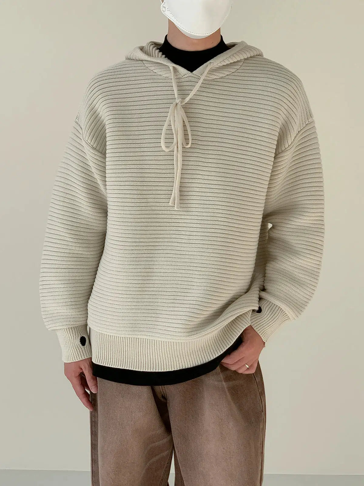 Maxct Drawstring Hooded Striped Drape Sweater