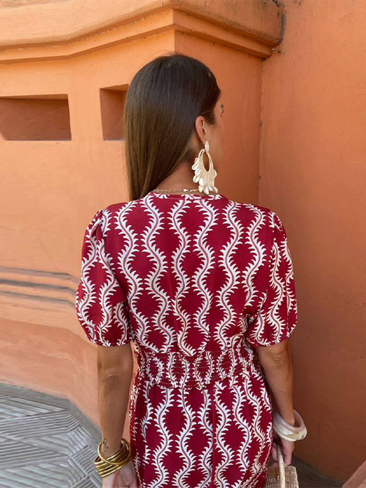 Women's Red Print Cutout Ruffle-Hem Maxi Dress
