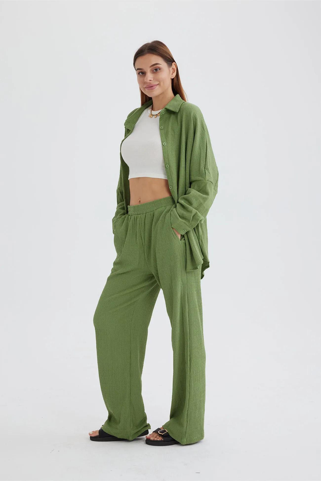 Maxct Two Piece Solid Color Long Sleeve Shirt Long Pants Set
