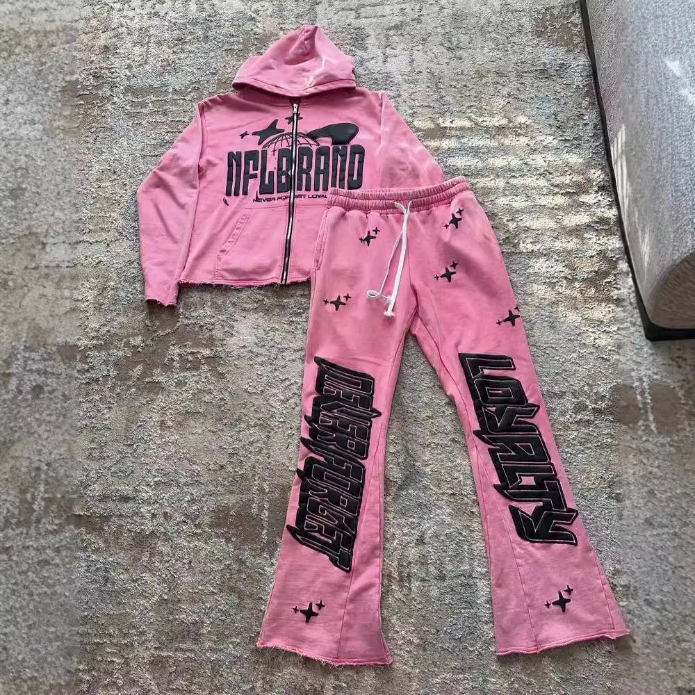 Maxct y2k long sleeved pullover hoodie pant set sweatshirt jacket personalized printed pattern streetwear school outfit hip-hop punk