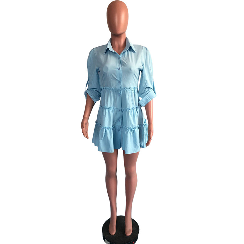 Solid Ruffles Shirt Dress Women Streetwear Half Sleeve Buttons Up High Waist Mini Dress Summer Casual Party Dresses