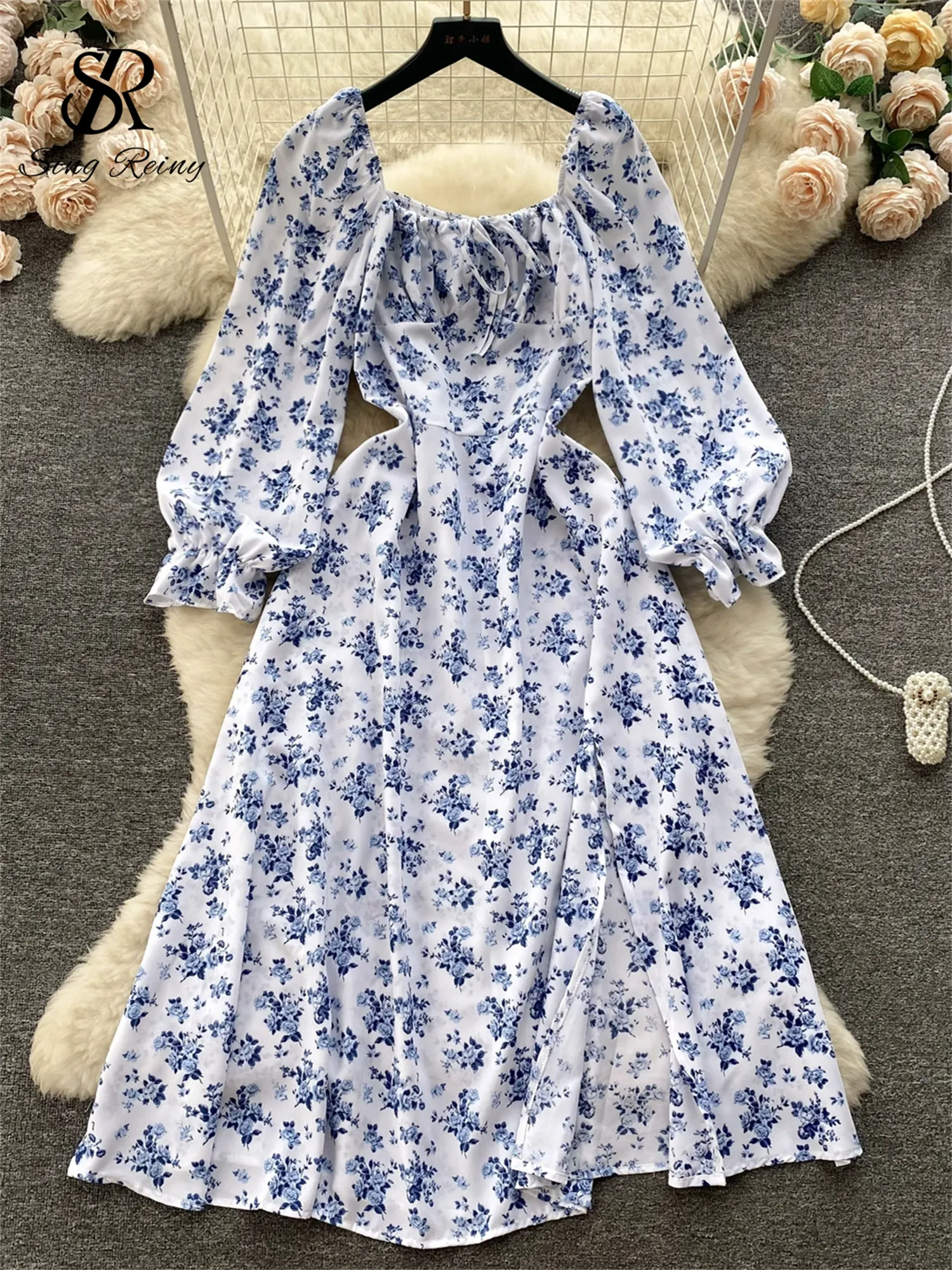 Maxct Summer Chiffon Split Midi Dress Women Square Collar Puff Sleeve Elastic Waist Gentle Korean Flora Print Sexy Dress