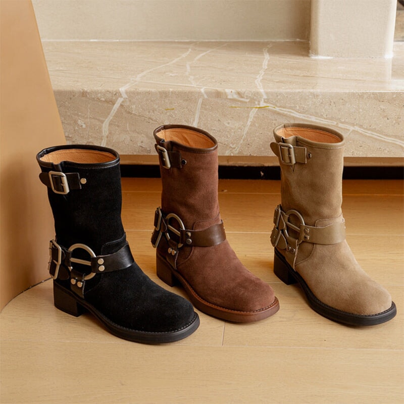 Suede Short Boots Buckle Boots Big Round Toe Maxct