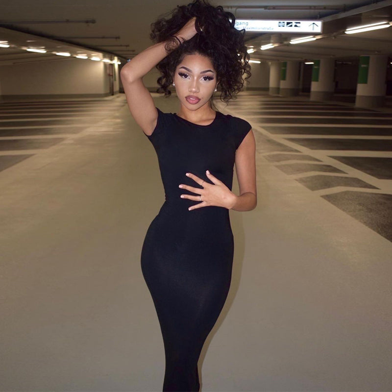 Voguable Short Sleeve O-Neck Solid Bodycon Dress Streetwear Y2K Party Casual Club Maxct