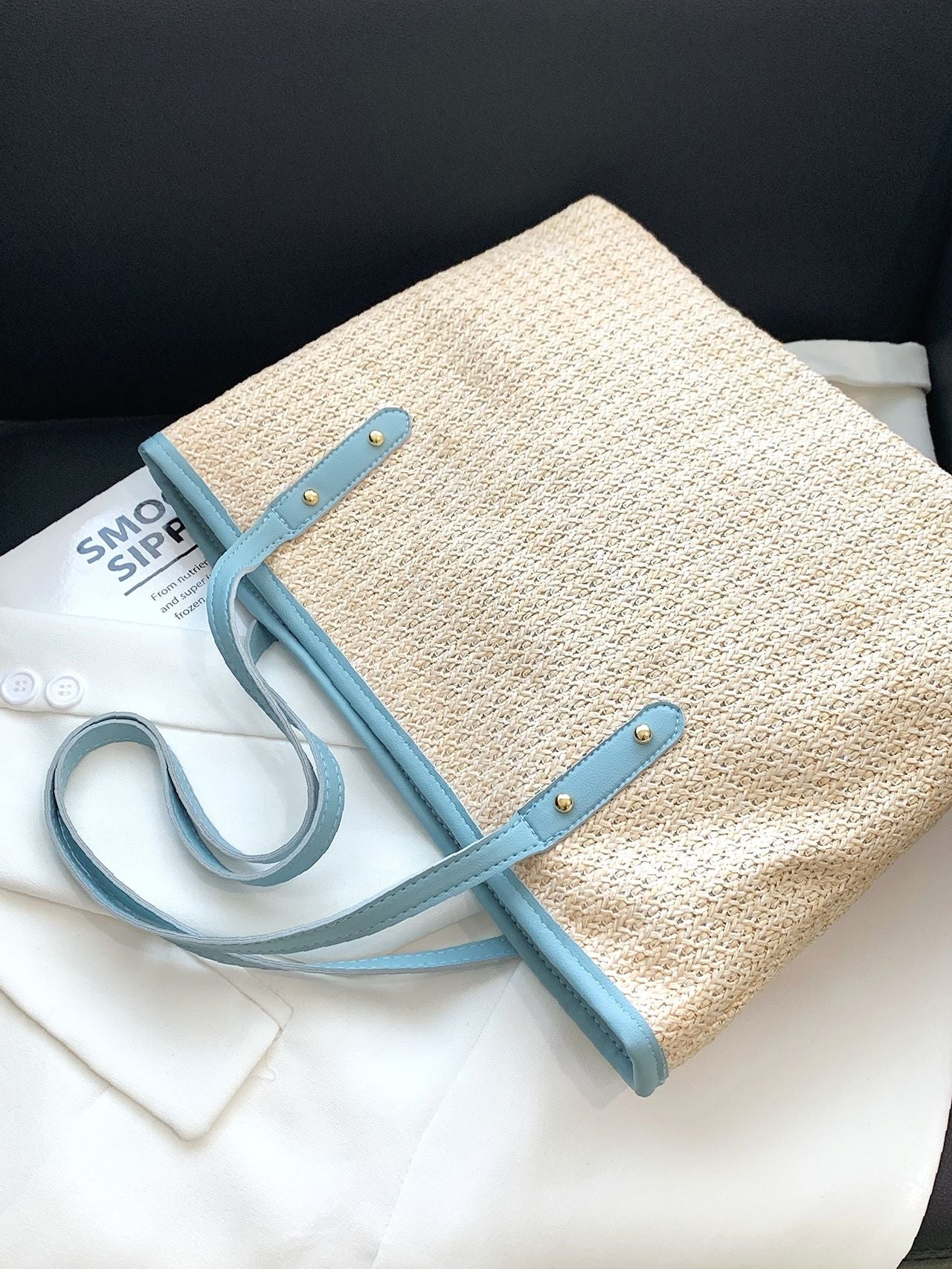 Maxct - Studded Decor Contrast Binding Straw Bag  - Women Tote Bags