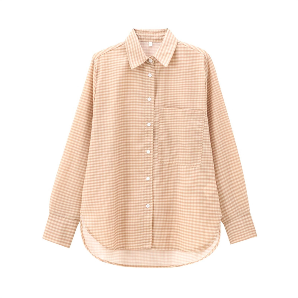 Maxct Autumn New Product Women's Fashion Loose Casual Collar Long Sleeve Pocket Decorative Checkered Shirt