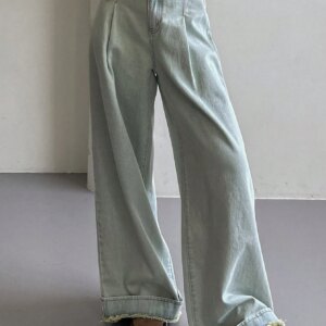 Maxct Women's Loose Fit Casual Denim Pants With Pleats And Frayed Hem