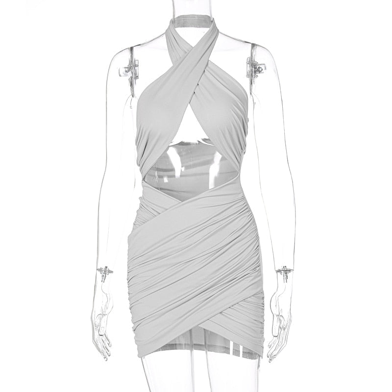 Voguable   Halter Hollow Out Mini Dress Streetwear Outfits Solid Club Y2K Clothing Maxct