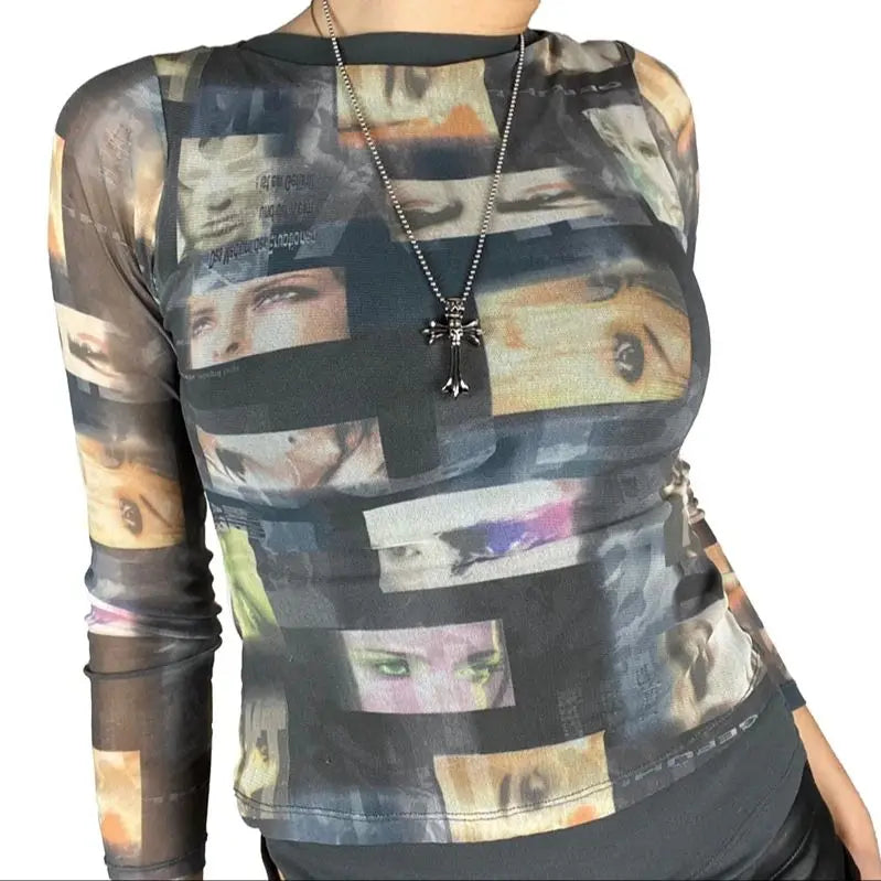 Maxct Gothic Black Pachtwork Mesh Sheer T-shirt Graphic 90s Vintage Women Long Sleeve Slim Fit Crop Top Harajuku Streetwear