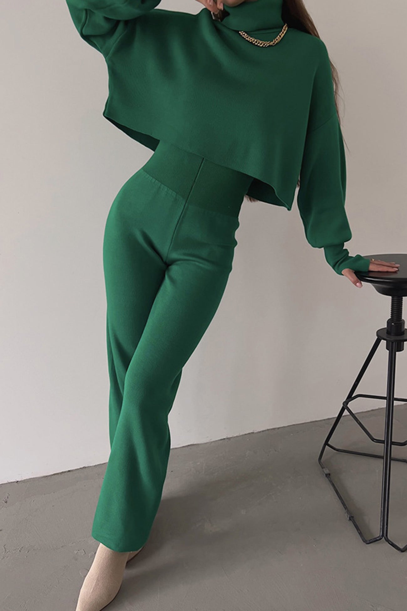 Maxct Solid High Neck Crop Top Long Pants Set
