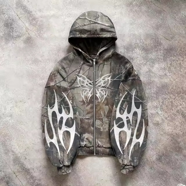 Maxct Camouflage Hooded Coat Sweater Loose New Printed Men's and Women's Pullover Street Fashion Y2K Retro