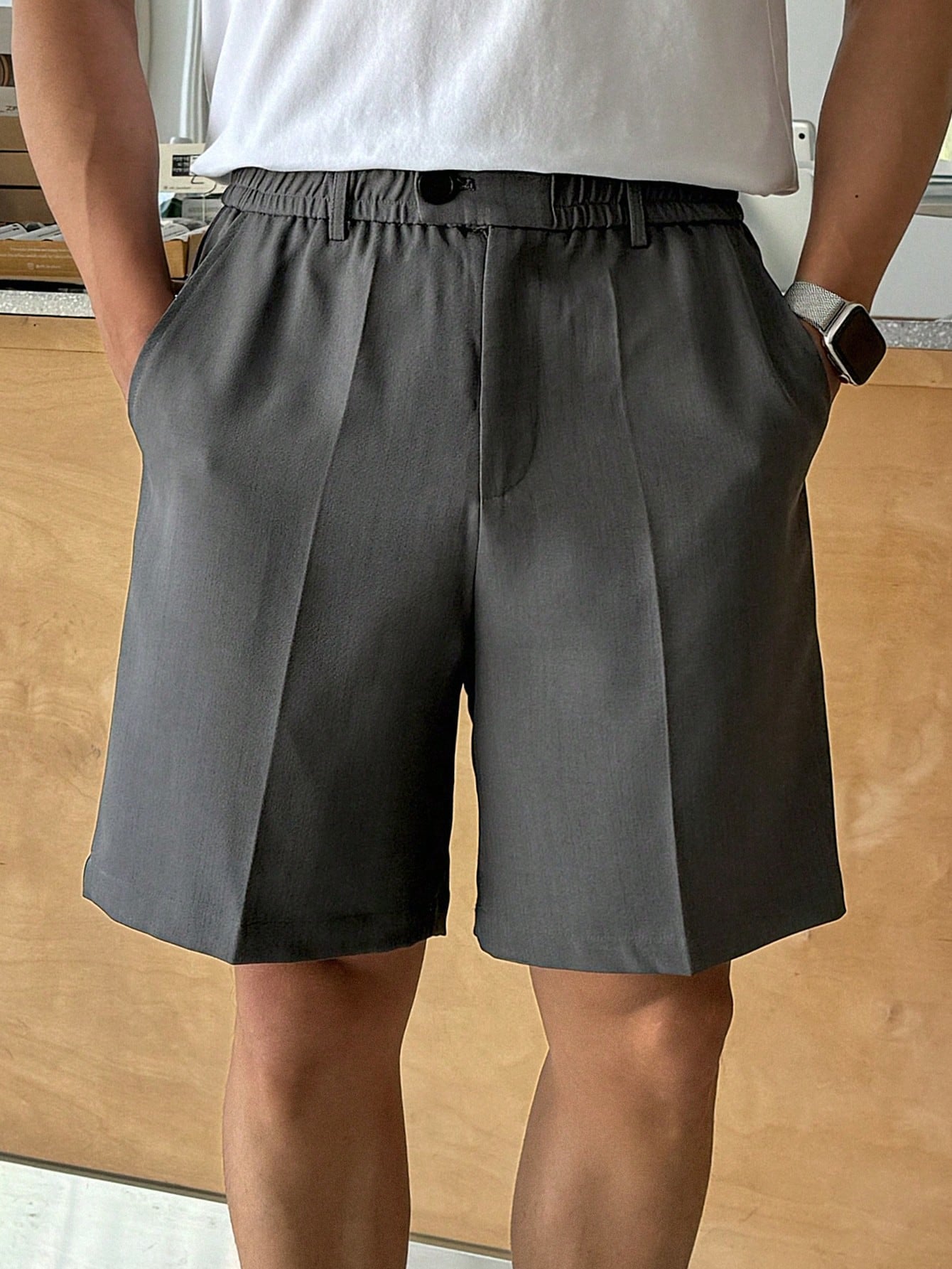 Maxct Men Solid Color Simple Casual Button Shorts, For Summer Daily Wear
