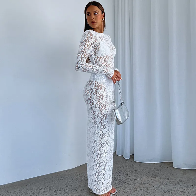 Foreign Trade New Hot Women's Sexy Hollow Lace Pattern Perspective Slim Long Dress