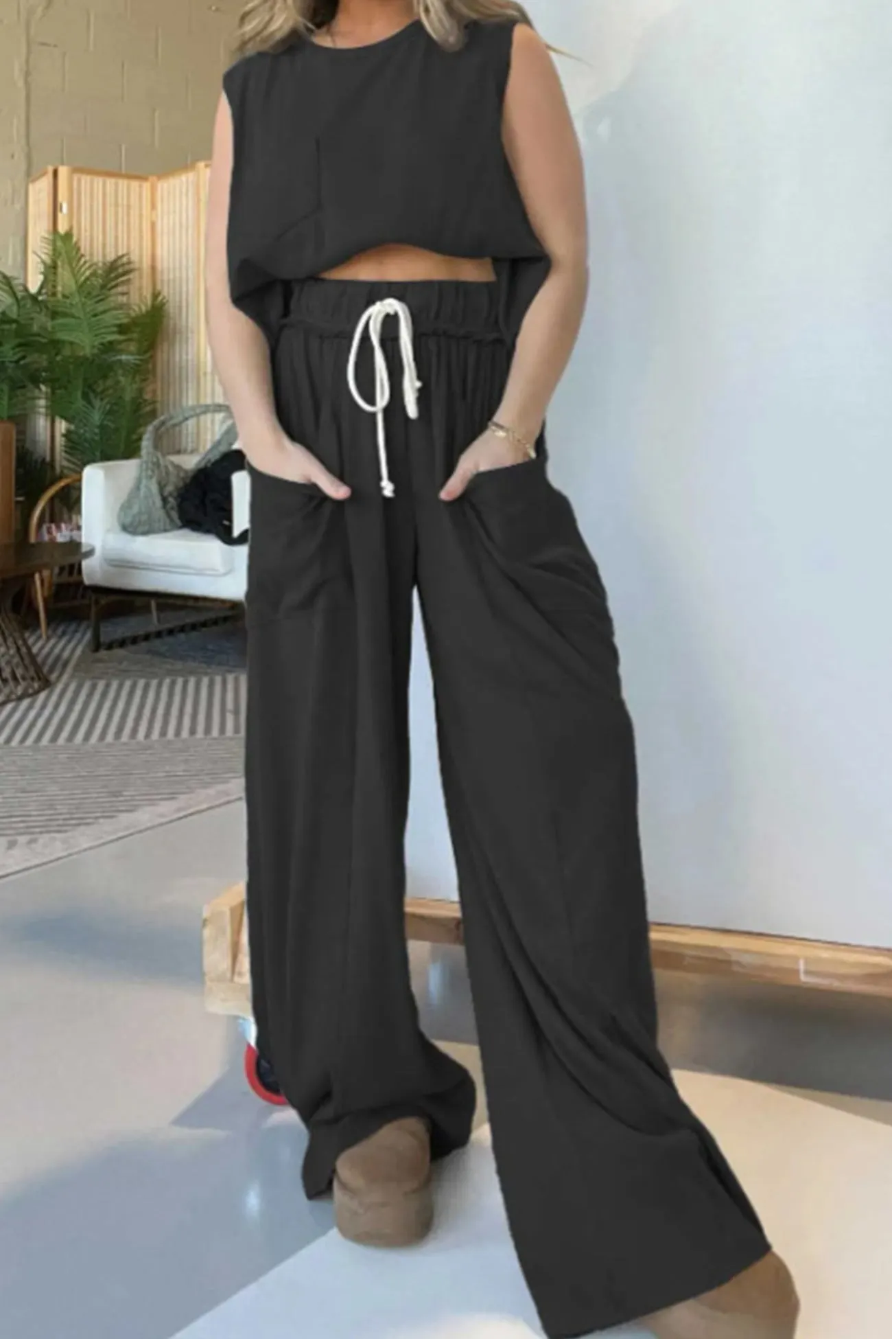 Maxct Ribbed Tank Top Wide Leg Pants Set