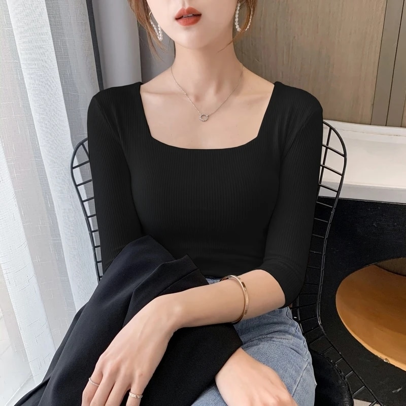 Maxct Sleeve Square Collar Slim Cotton T-shirt Tee Girls Solid Summer Basic High Elasticity Tshirts Crop Tops For Women
