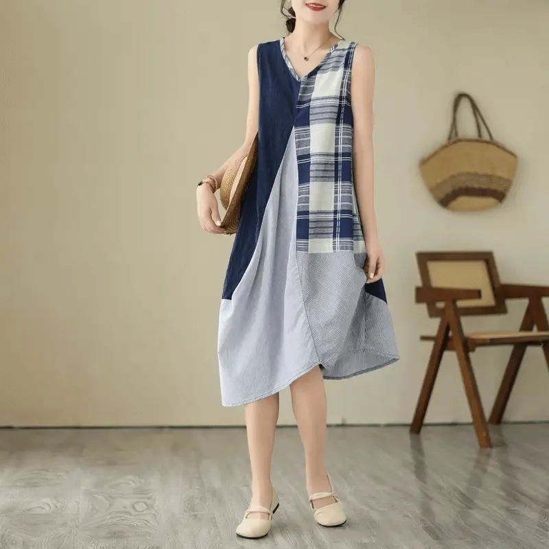 Maxct Women Patchwork Cotton Linen Midi Dress