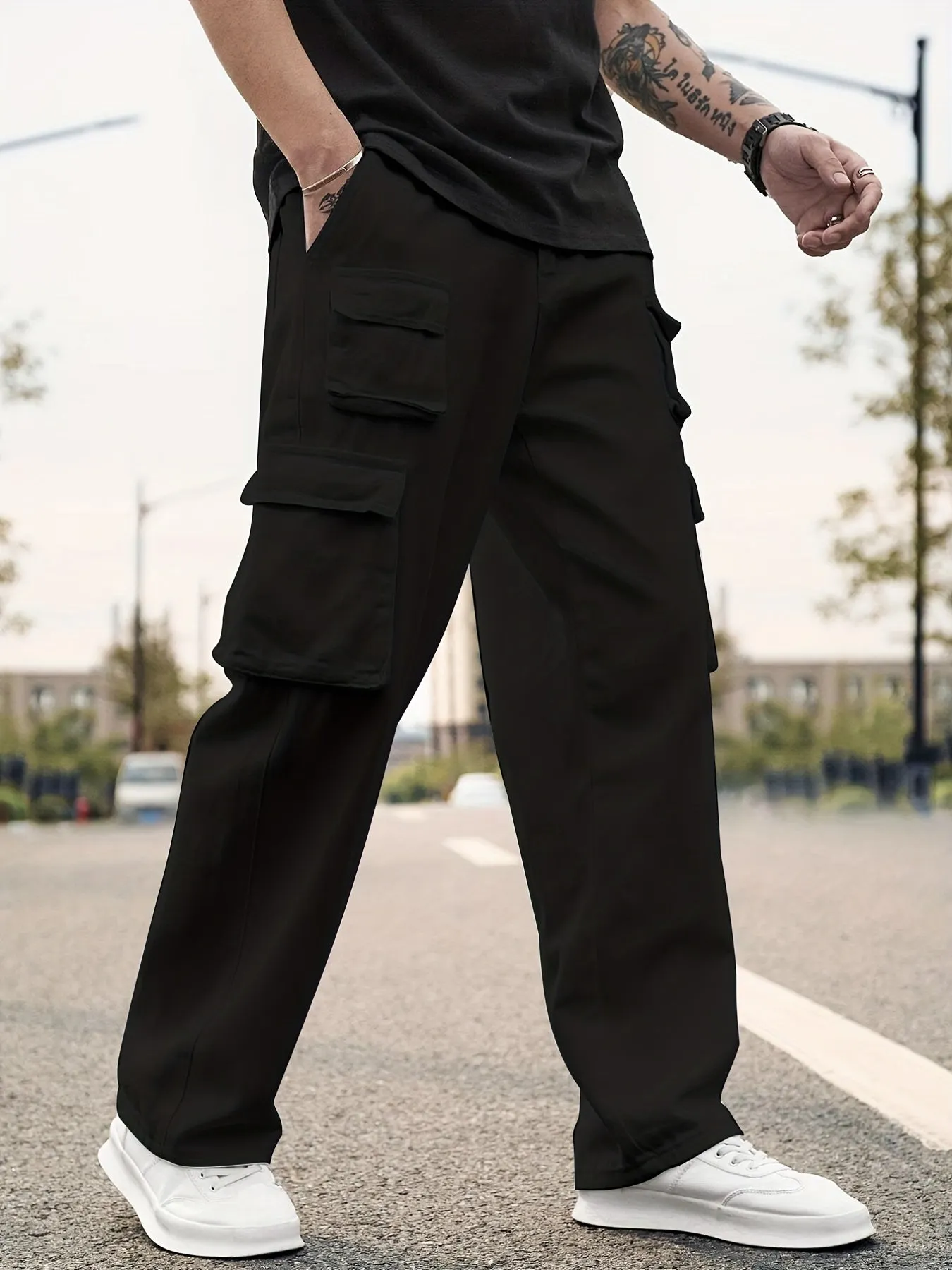 Maxct Men's Multi Flap Pocket Cargo Pants, Loose Trendy Pants