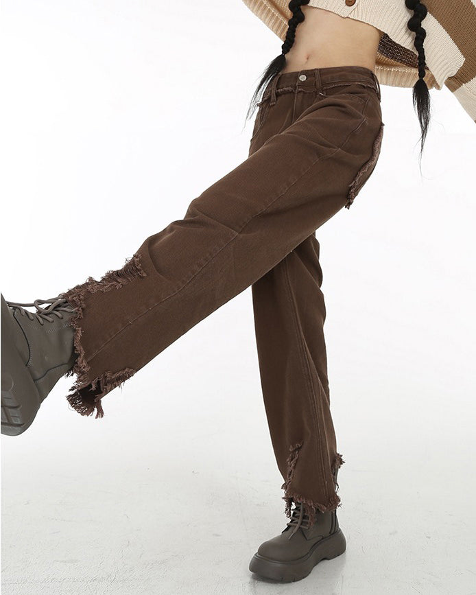 Brown Straight Leg Distressed Jeans Maxct