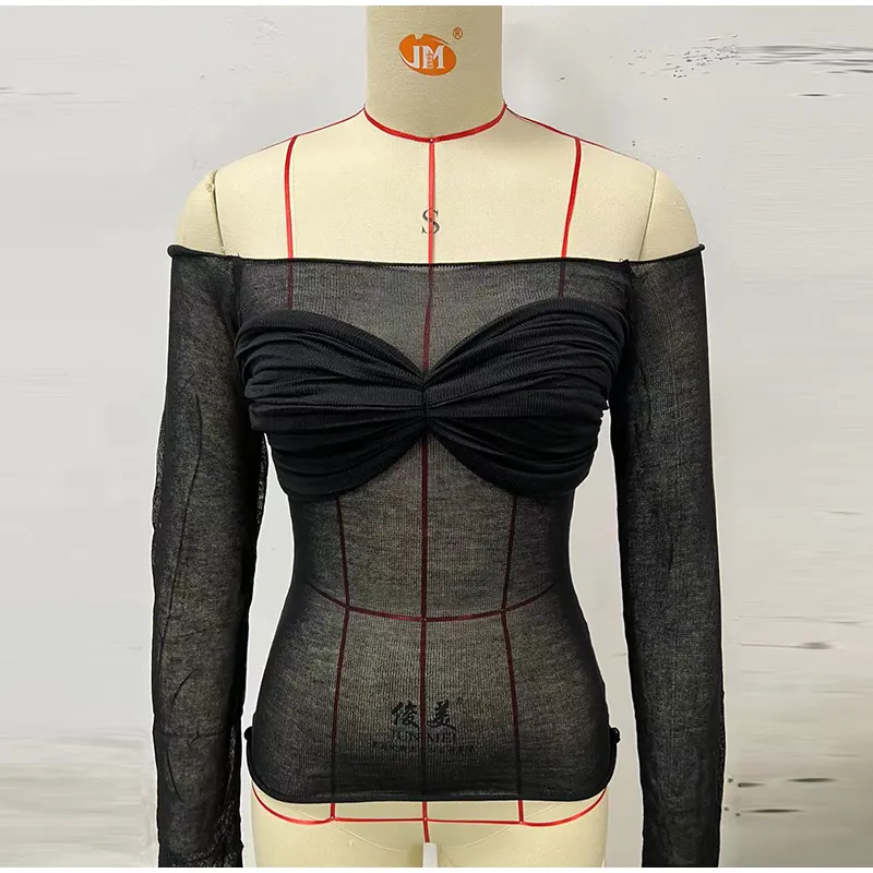 Sexy Transparent Off Shoulder Shirts Women Slim Fit Solid Perspective Thin T-Shirt Female Autumn Chic Elegant Daily Tops