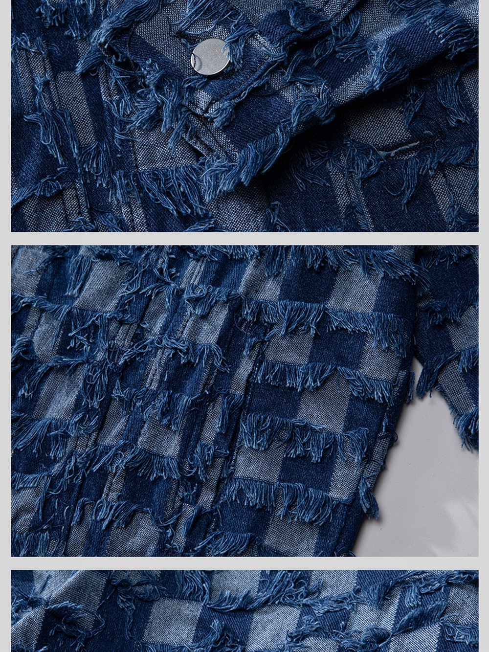 &Men's Retro Blue Plaid Tassel Denim Jacket