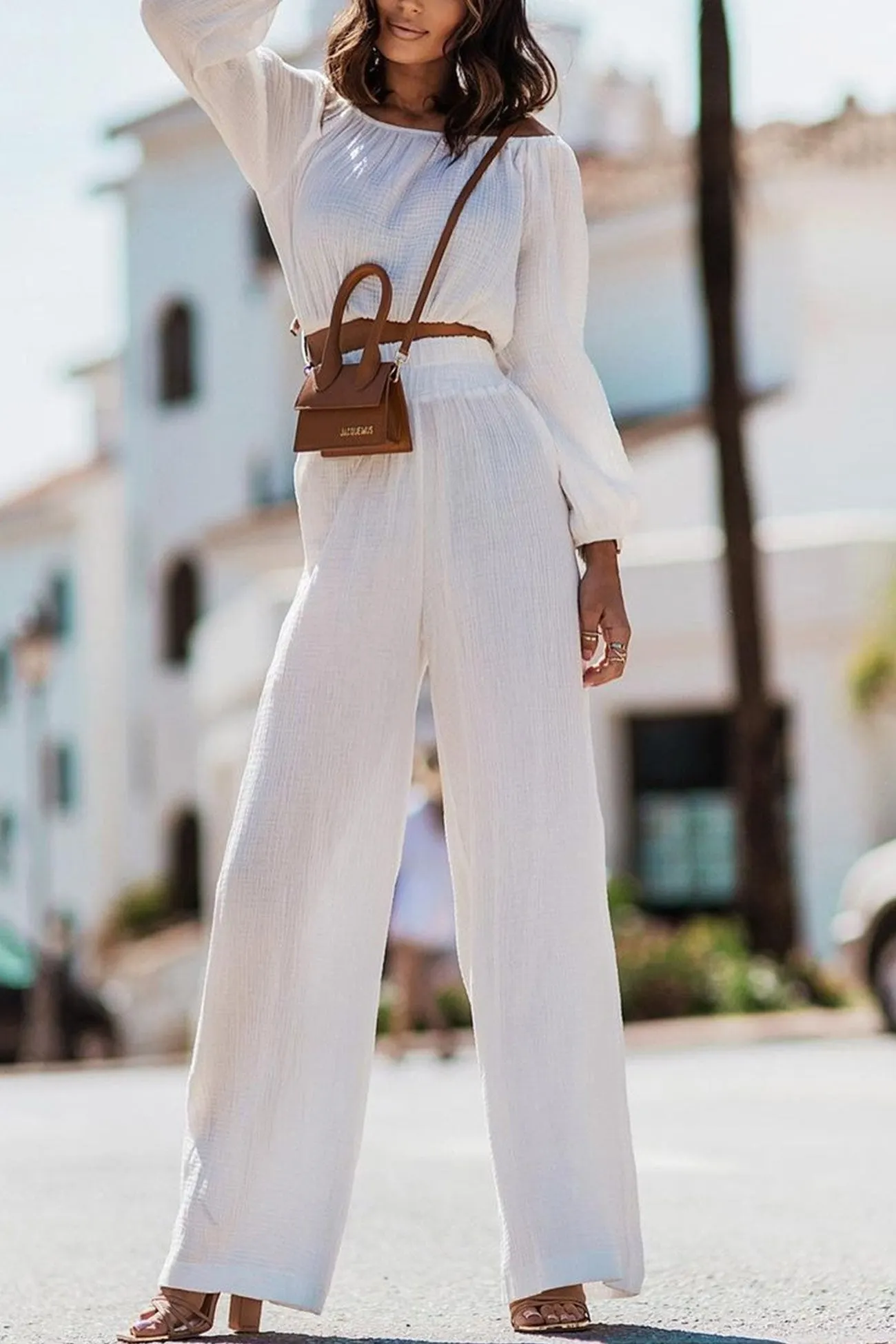 Maxct Off-shoulder Crop Top Wide Leg Long Pants Suits
