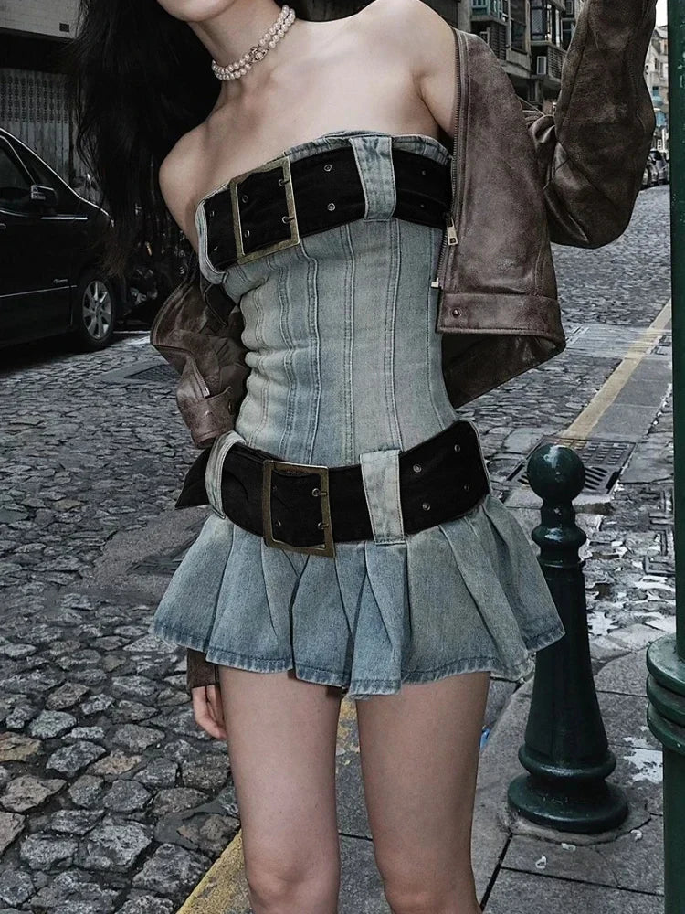 Vintage Y2k Strapless Denim Dress Bodycon Korean Kpop Belt Pleated Mini Dress 2000s Streetwear Maxct
