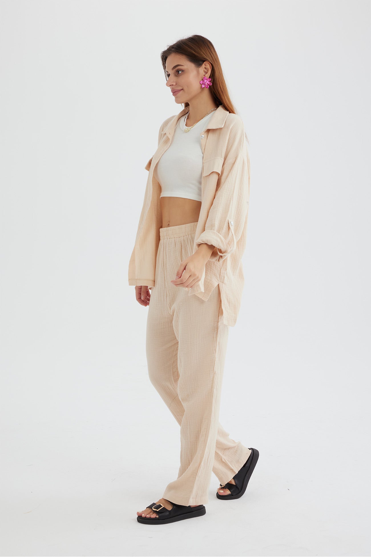 Maxct Long Sleeve Pocketed Slit Shirt Long Pants Suits