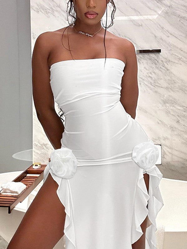 Split Ruffle Mesh Bandeau Maxi Dress Maxct