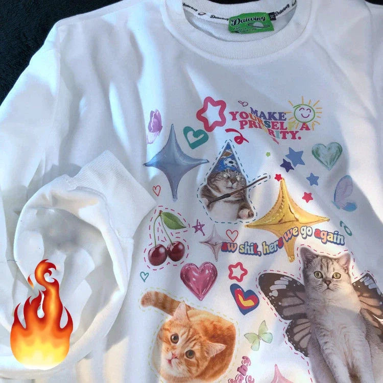 Maxct Kawaii Cat Print Hoodie Women Cutecore Long Sleeve Sweatshirt American Retro E-girl Kitten Angel Graphic Alt Clothes Y2k