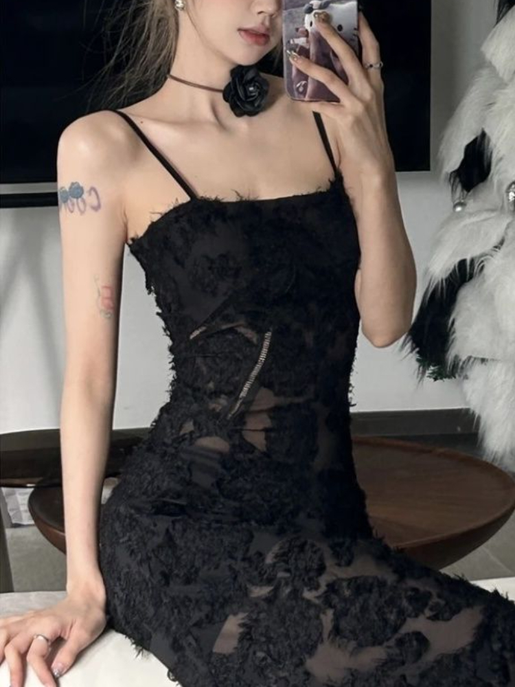 Voguable Black Party Midi Dress See-through Strap Y2k Dress FeLace Chic Korean Slim Vintage Dress New