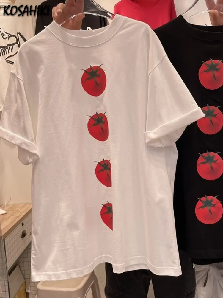 Maxct Summer Y2k Aesthetic Loose Tees Kawaii Cute Tomato Print T-shirts Short Sleeve O Neck Fashion All Match Tops Women