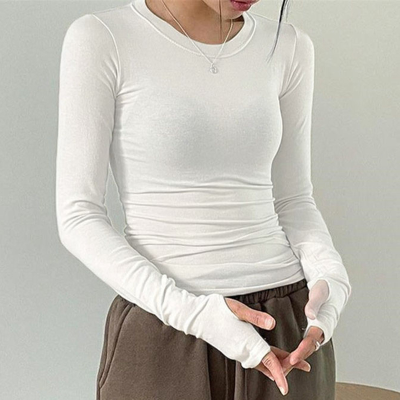 Chic Fashion Elegant Slim Fit Crop Tops Women Clothes Casual Solid Color Basic Tees Autumn Spring O Neck Long Sleeve T-shirt