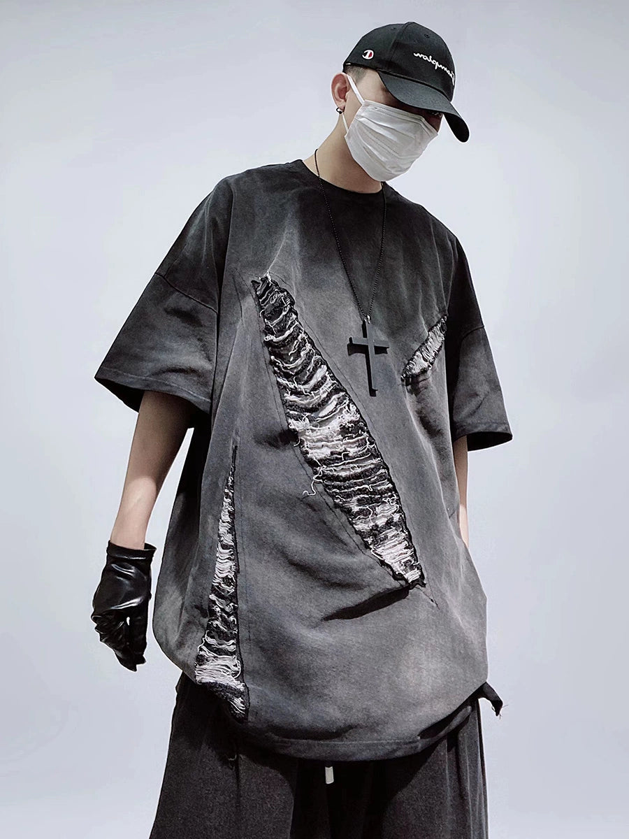 Maxct Hip Hop High Street Retro Tattered Jeans Short Sleeve T-shirt