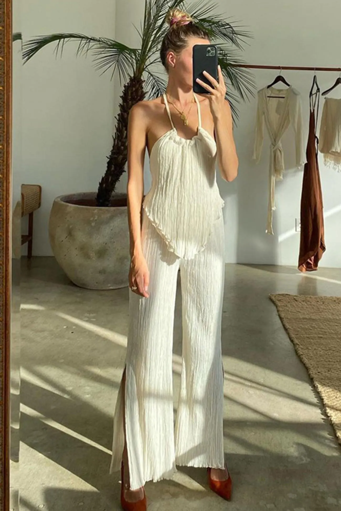 Maxct Pleated Tie-back Vest High Waist Slit Long Pants Set