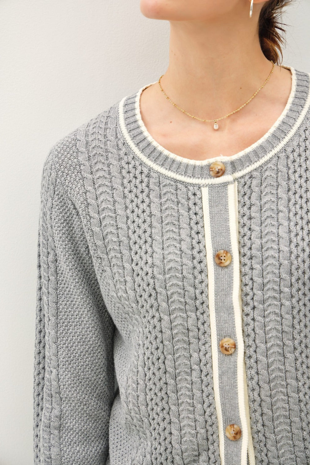 Maxct &Be Cool Cable Knit Long Sleeve Contrast Edge Cardigan