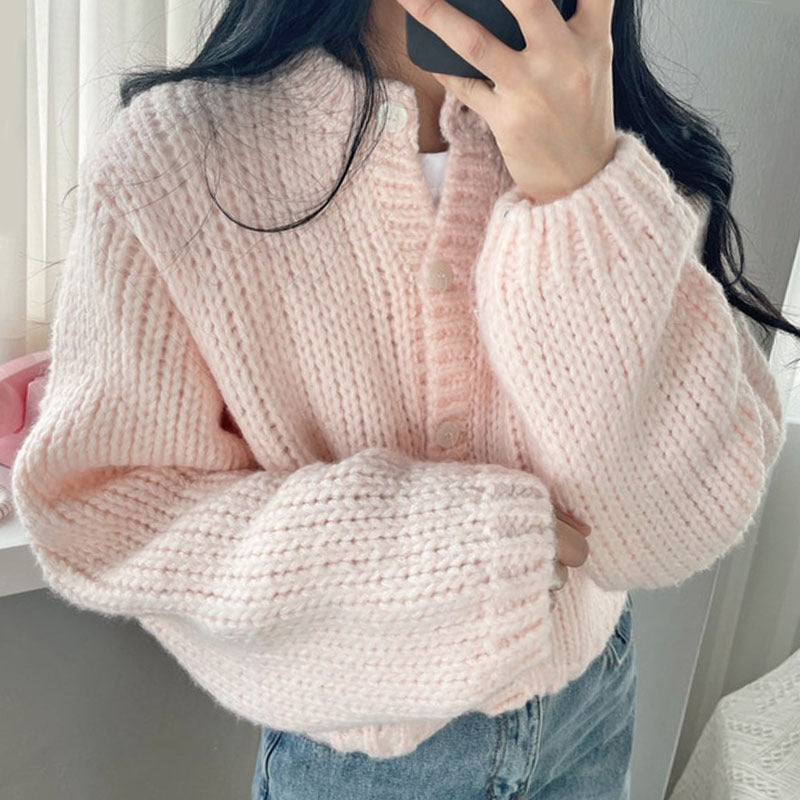 Maxct Round Neck Lantern Sleeve Knitted Cardigan