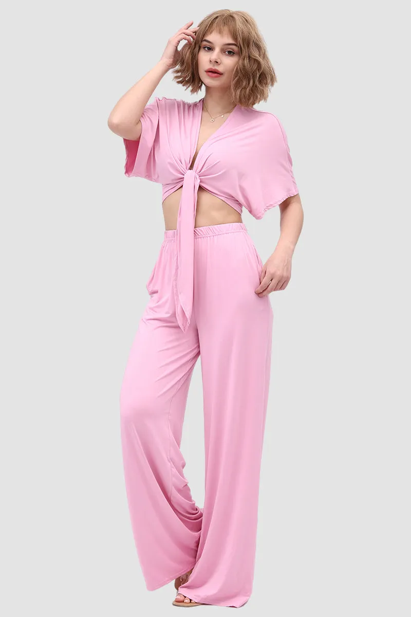 Maxct Deep V-neck Top & Elastic Wide Leg Pants