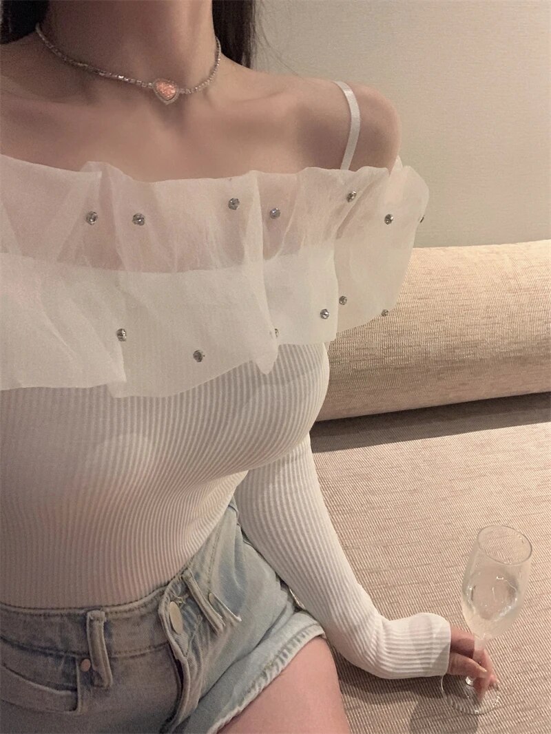 Maxct Neck T Shirts Girls Patched Beading Ruffles Stretch Tshirt Top Women Spring Summer Slim Tees