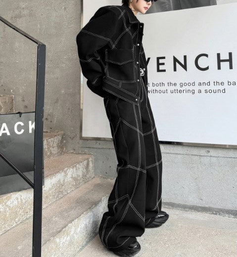 Maxct  Oversize Stitch Denim Jacket & Wide-leg Stitch Denim Jeans Setup NA676